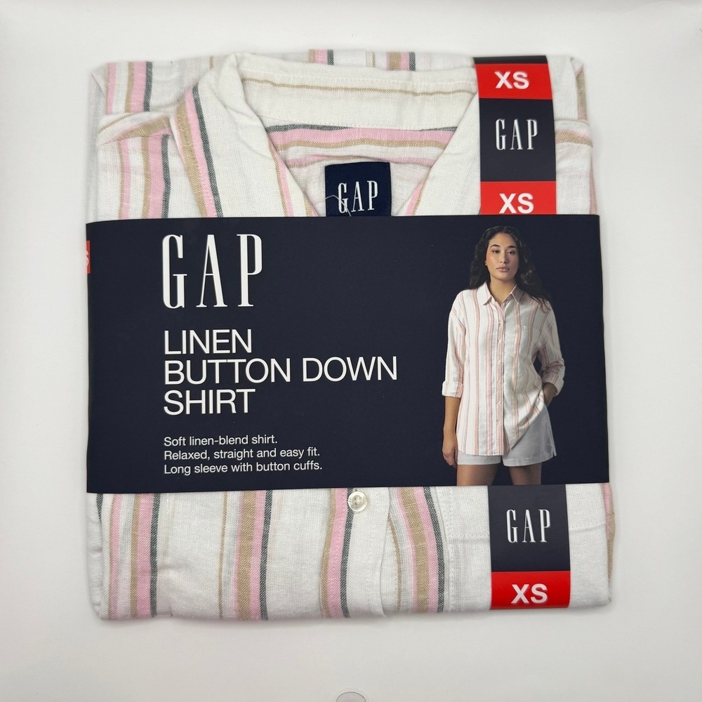 GAP Womens Linen Blend Striped Button Down Shirt Multi Color XS New